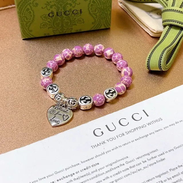 Gucci Blind for Love Pink Silver Beaded Stretch Marbled Resin Bracelet 5