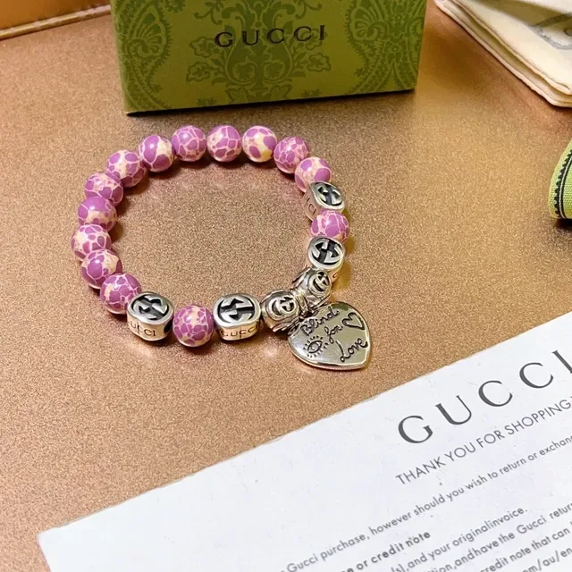 Gucci Blind for Love Pink Silver Beaded Stretch Marbled Resin Bracelet 6