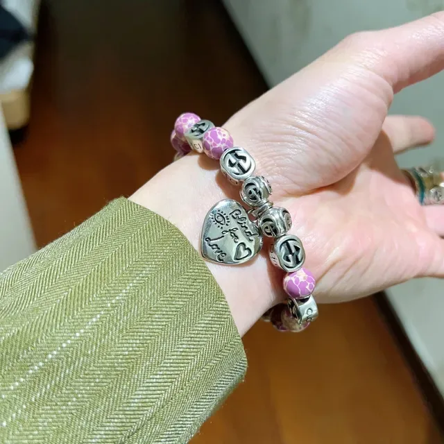 Gucci Blind for Love Pink Silver Beaded Stretch Marbled Resin Bracelet 7