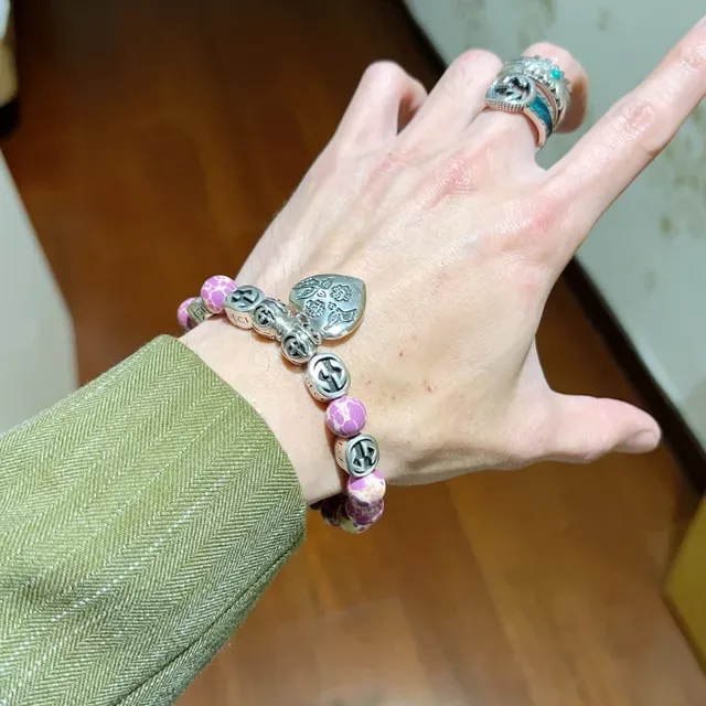 Gucci Blind for Love Pink Silver Beaded Stretch Marbled Resin Bracelet 8