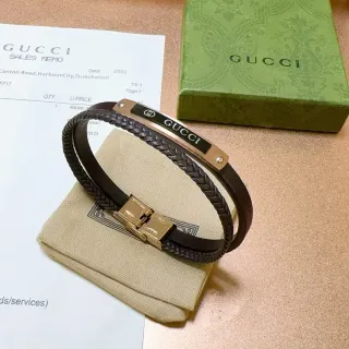 Gucci Pulsera de Cuero Marrón Dorado Trenzada Doble Envoltura