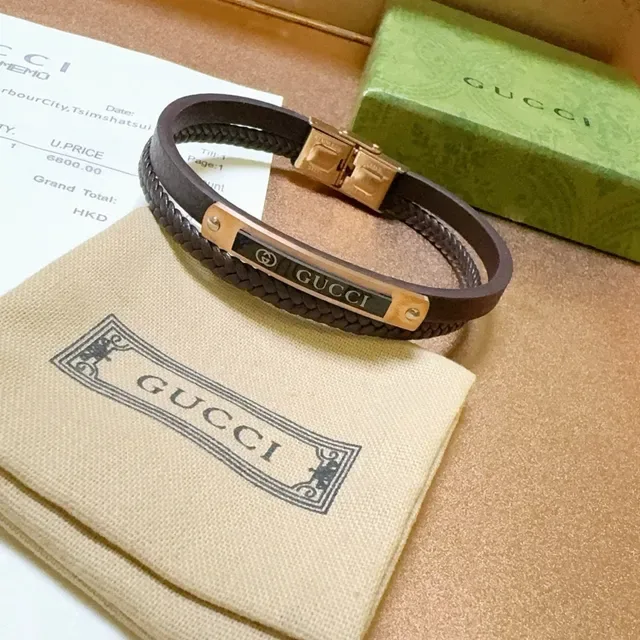 Gucci Brown Gold Double-Wrap Braided Leather Bracelet 4