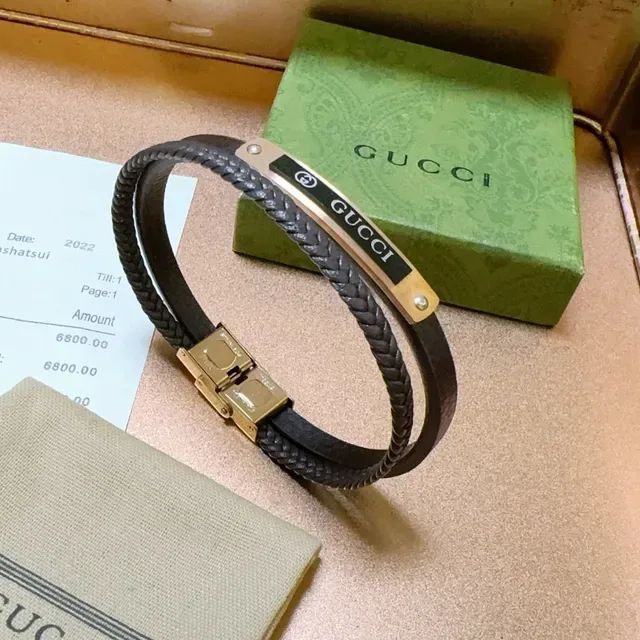 Gucci Brown Gold Double-Wrap Braided Leather Bracelet 9