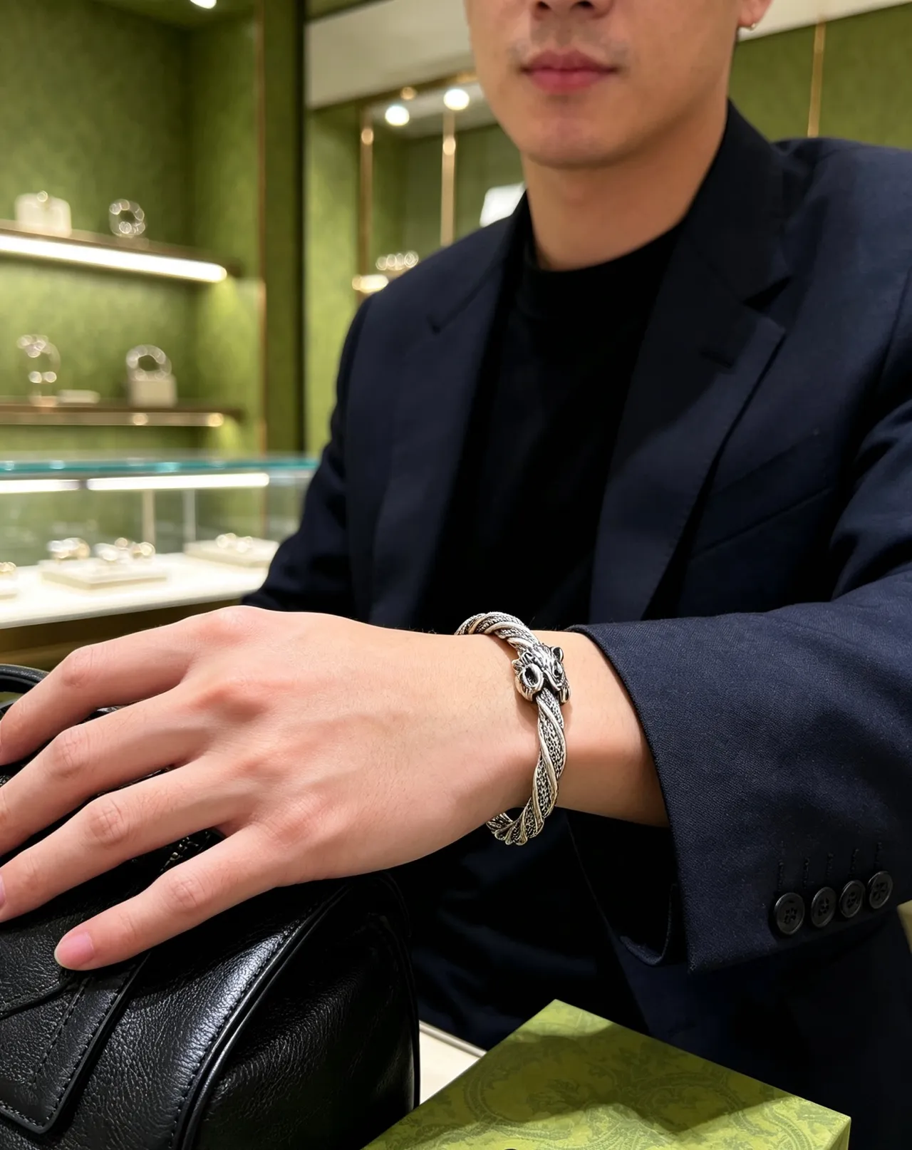 Gucci Dionysus Eagle-Head Bracelet Silver Green Twisted Rope Band Twin Terminals Bracelet 3