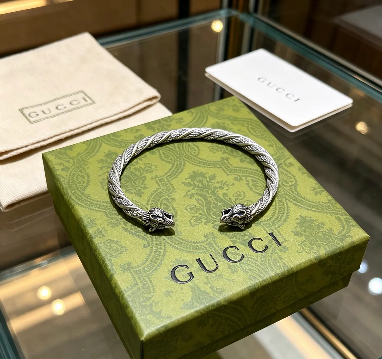 Gucci Dionysus Eagle-Head Bracelet Silver Green Twisted Rope Band Twin Terminals Bracelet 6
