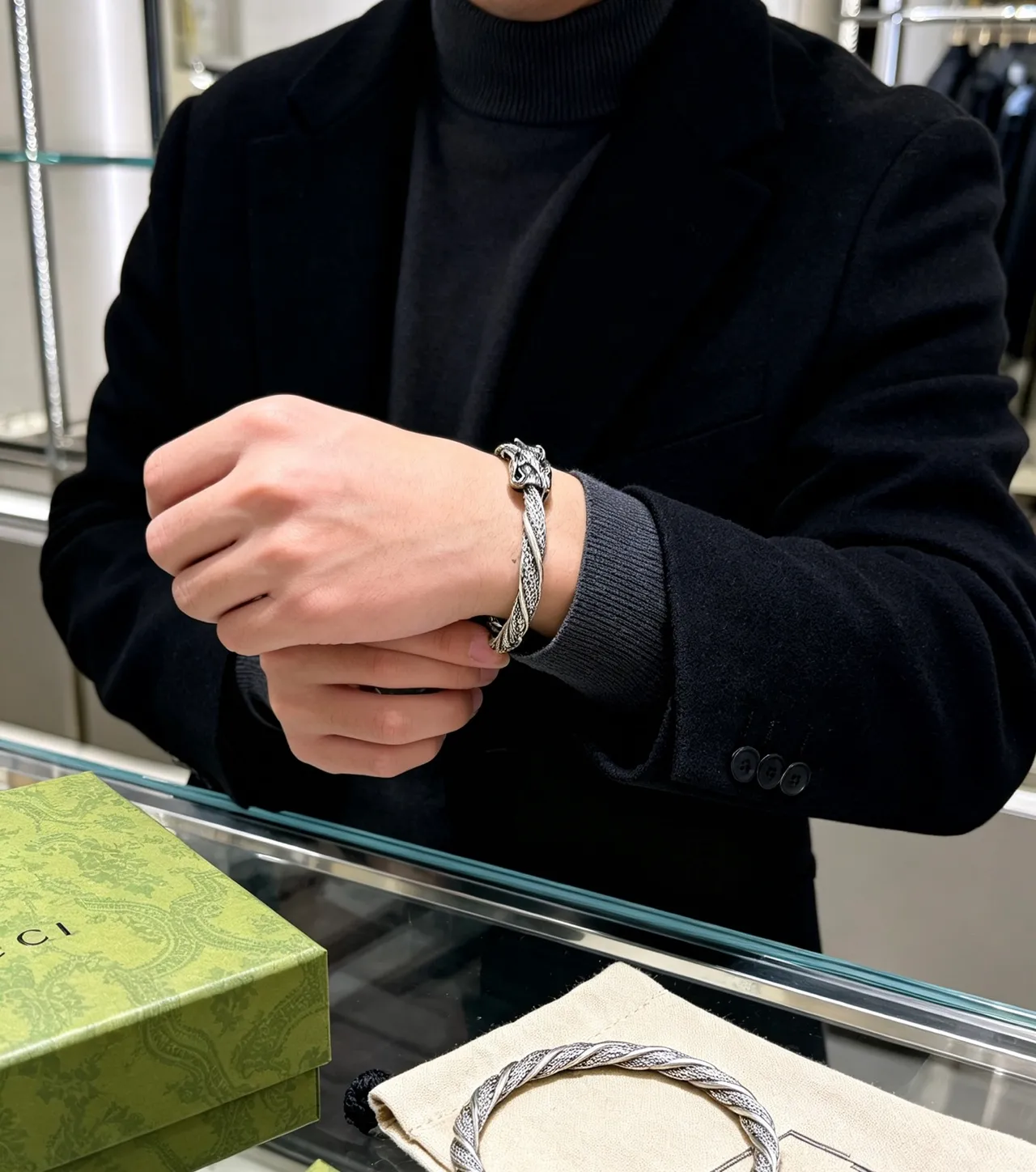 Gucci Dionysus Eagle-Head Bracelet Silver Green Twisted Rope Band Twin Terminals Bracelet 8