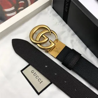 Gucci Double G Cinto Preto Couro Granulado Fivela Dourada Cinto de Couro