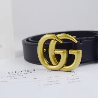 Gucci GG Marmont Noir Or Boucle Interlocking G Cuir Lisse Ceinture
