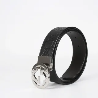 Gucci GG Marmont Black Silver Embossed Monogram Circular Interlocking G Buckle Leather Belt