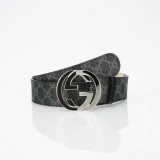 Gucci GG Marmont Preto Prata Monogram Canvas Interlocking G Buckle Leather Belt