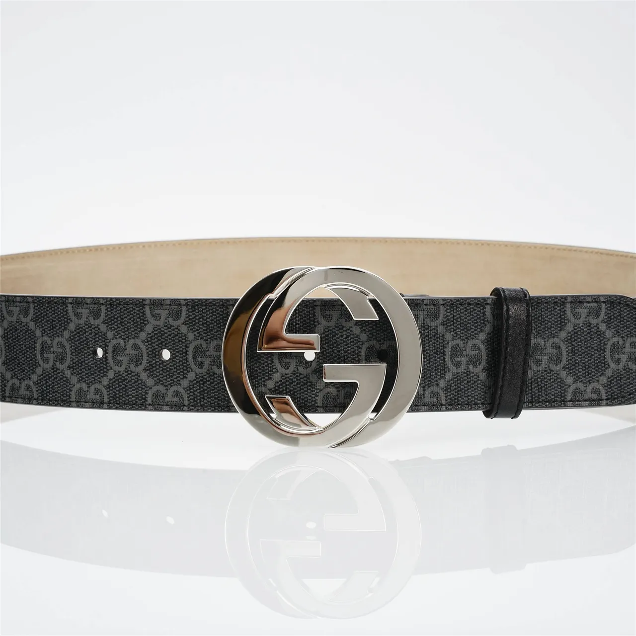 Gucci GG Marmont Black Silver Monogram Canvas Interlocking G Buckle Leather Belt 9