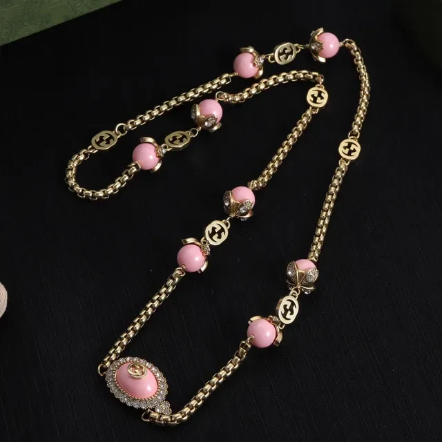 Gucci GG Marmont Inspirado Collar de Cadena de Perlas y Cristales Rosa 6