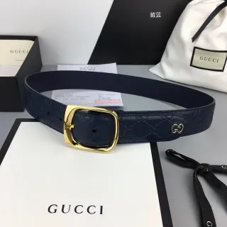 Gucci GG Marmont 海军金色压花字母图案矩形扣头皮带