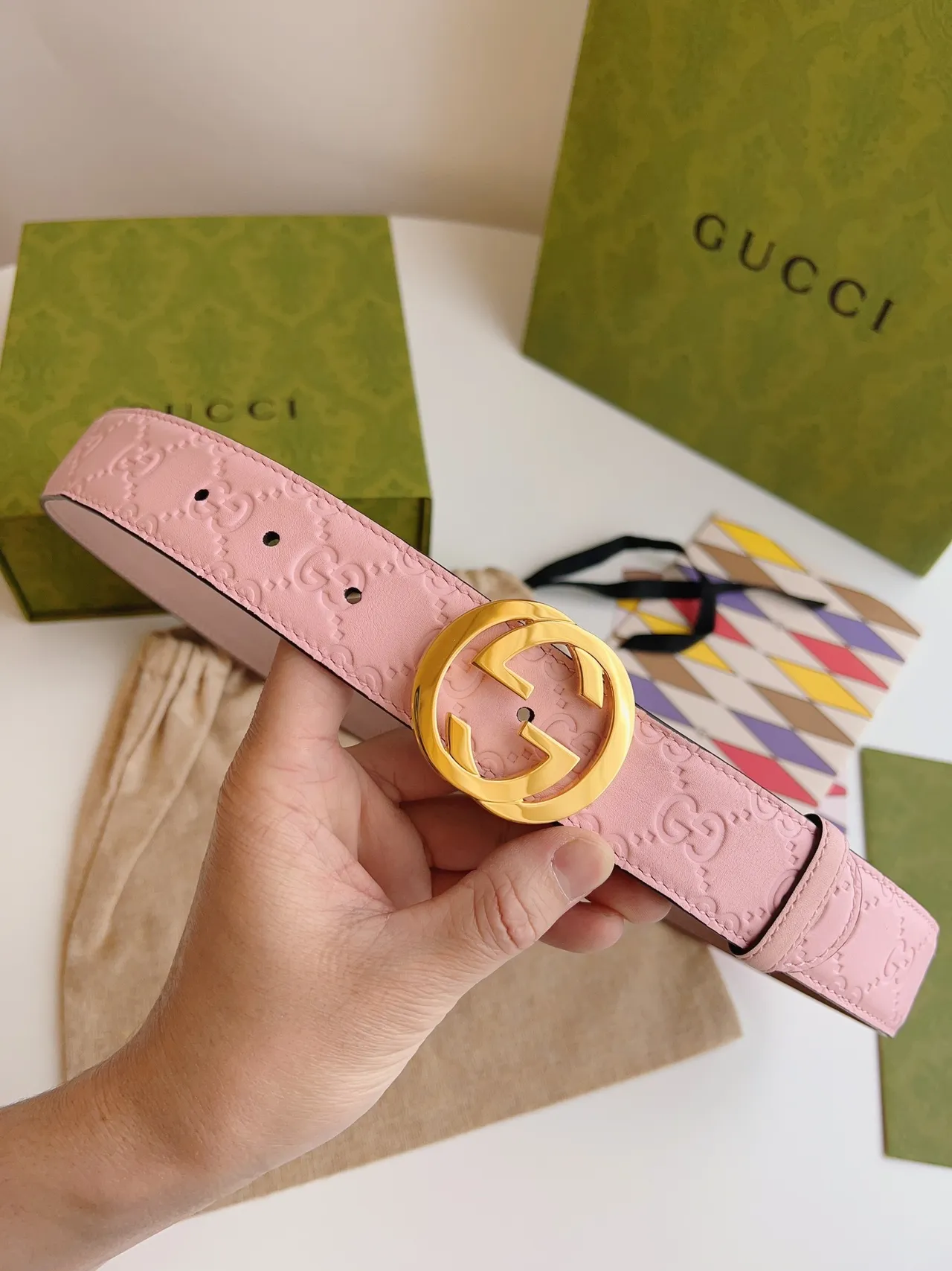 Gucci GG Marmont Pink and Tan Leather Belt 2