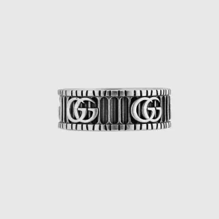 Gucci GG Marmont Silver Black Wide Band Interlocking G Logo Ring