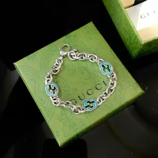 Gucci GG Marmont Pulsera Cadena Chunky Curb-Link Plata Verde Medallones Esmaltados