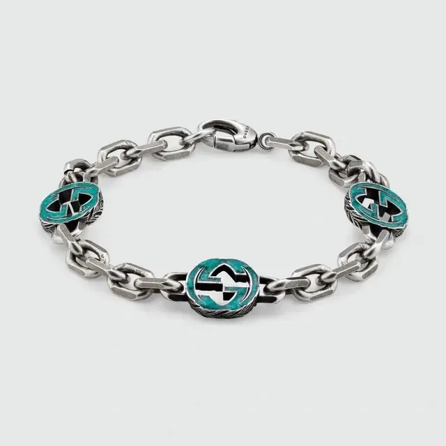 سوار Gucci GG Marmont سلسلة كيرب لينك كانكي فضي أخضر ميداليونات إيمل 9
