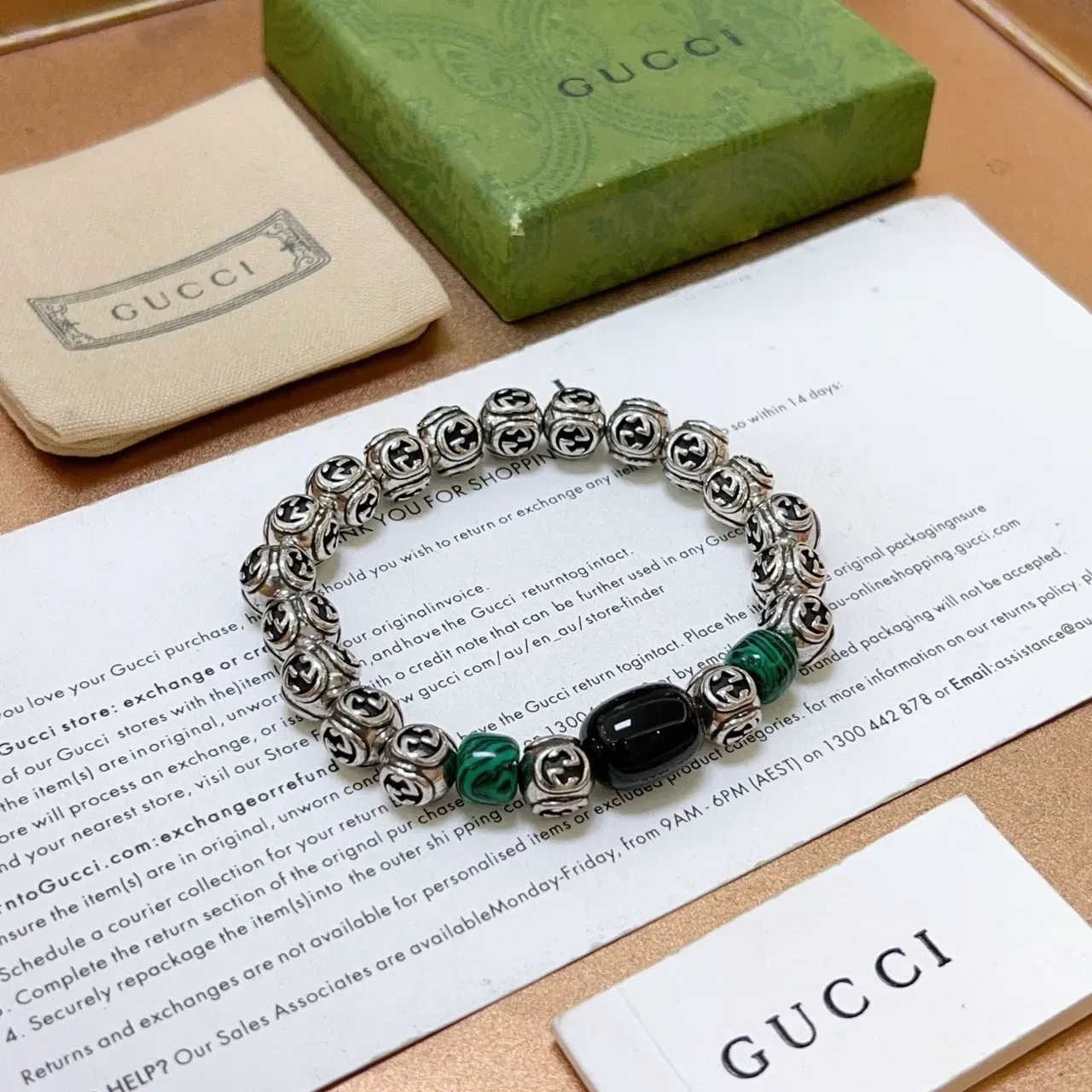 Pulseira Gucci GG Marmont Prata Verde Miçangas Metálicas Interlocking G Accents Pedra Malachite 3