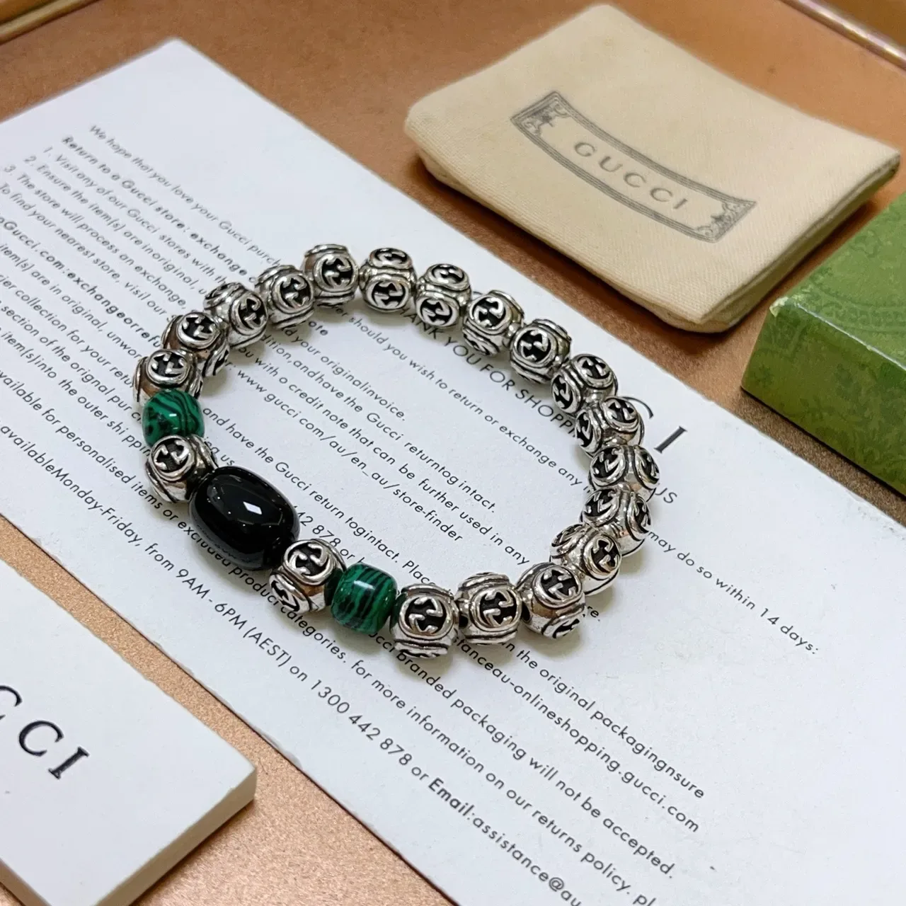 Pulseira Gucci GG Marmont Prata Verde Miçangas Metálicas Interlocking G Accents Pedra Malachite 5