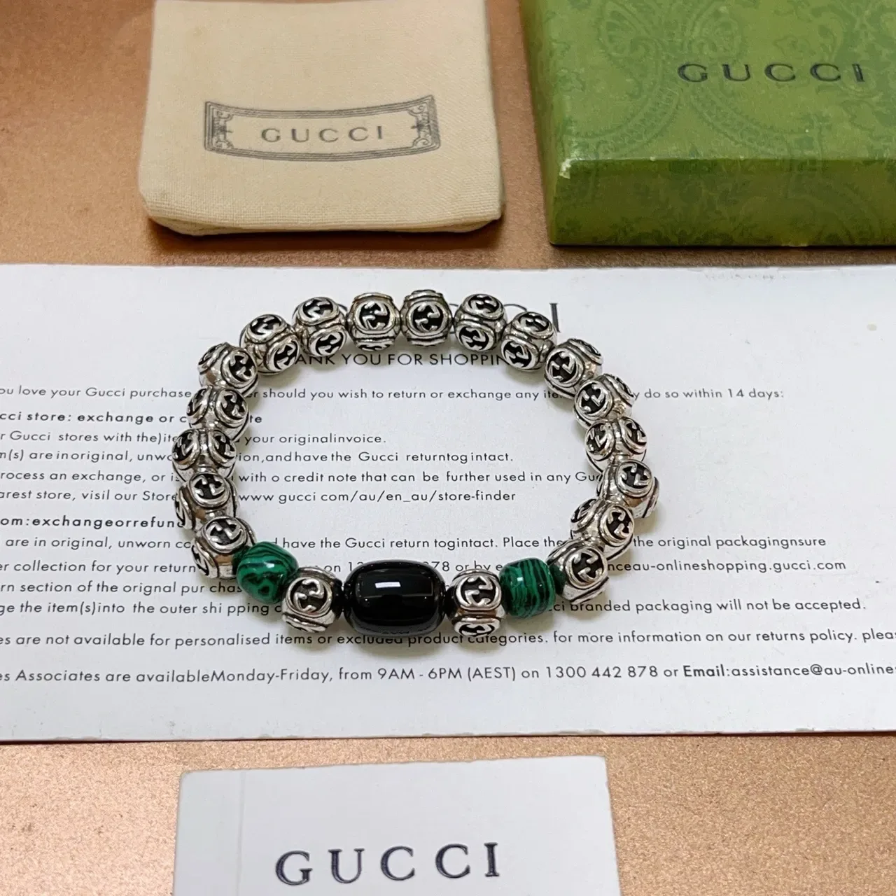 Pulseira Gucci GG Marmont Prata Verde Miçangas Metálicas Interlocking G Accents Pedra Malachite 6