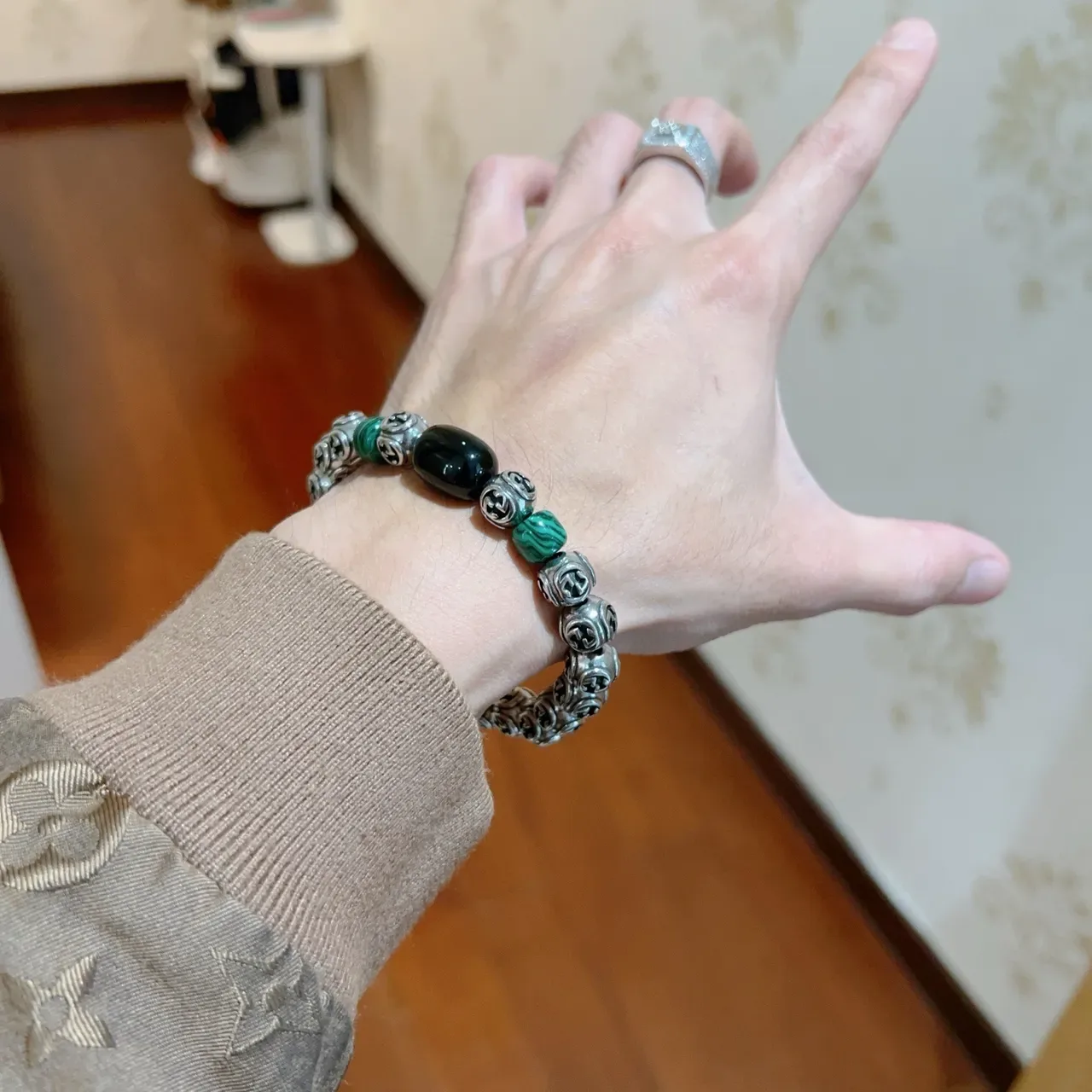 Pulseira Gucci GG Marmont Prata Verde Miçangas Metálicas Interlocking G Accents Pedra Malachite 8