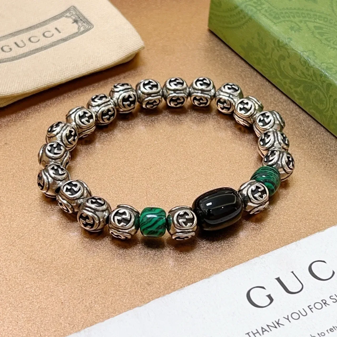 Pulseira Gucci GG Marmont Prata Verde Miçangas Metálicas Interlocking G Accents Pedra Malachite 9