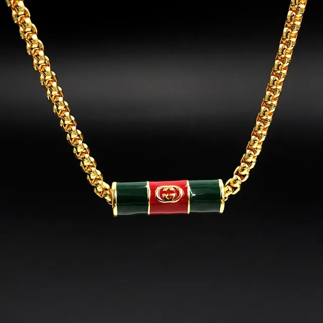 Gucci Gold Green Curb Chain Enamel Cylinder Pendant Necklace 2