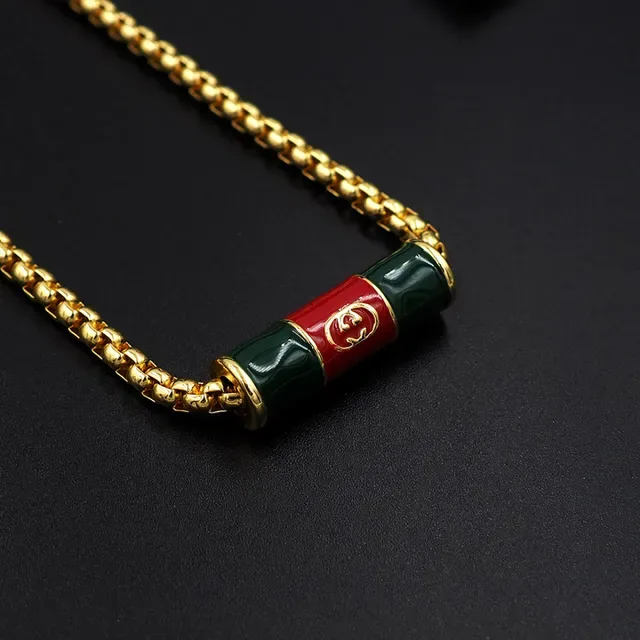Gucci Gold Green Curb Chain Enamel Cylinder Pendant Necklace 4