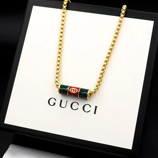 Gucci Gold Green Curb Chain Enamel Cylinder Pendant Necklace 5