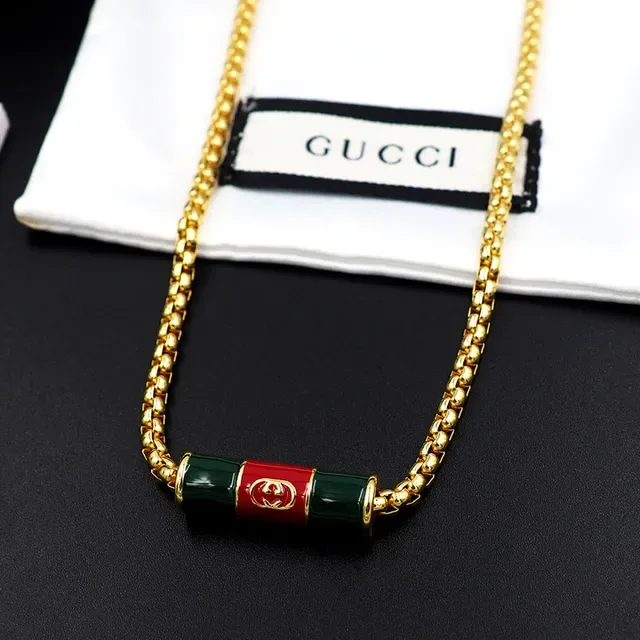 Gucci Gold Green Curb Chain Enamel Cylinder Pendant Necklace 7