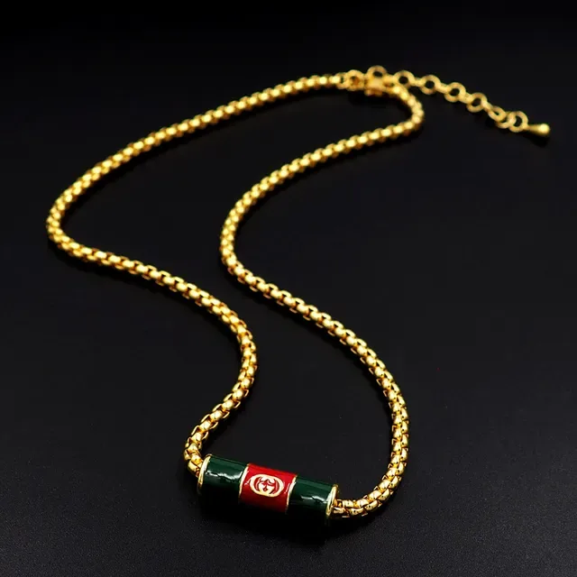 Gucci Gold Green Curb Chain Enamel Cylinder Pendant Necklace 8