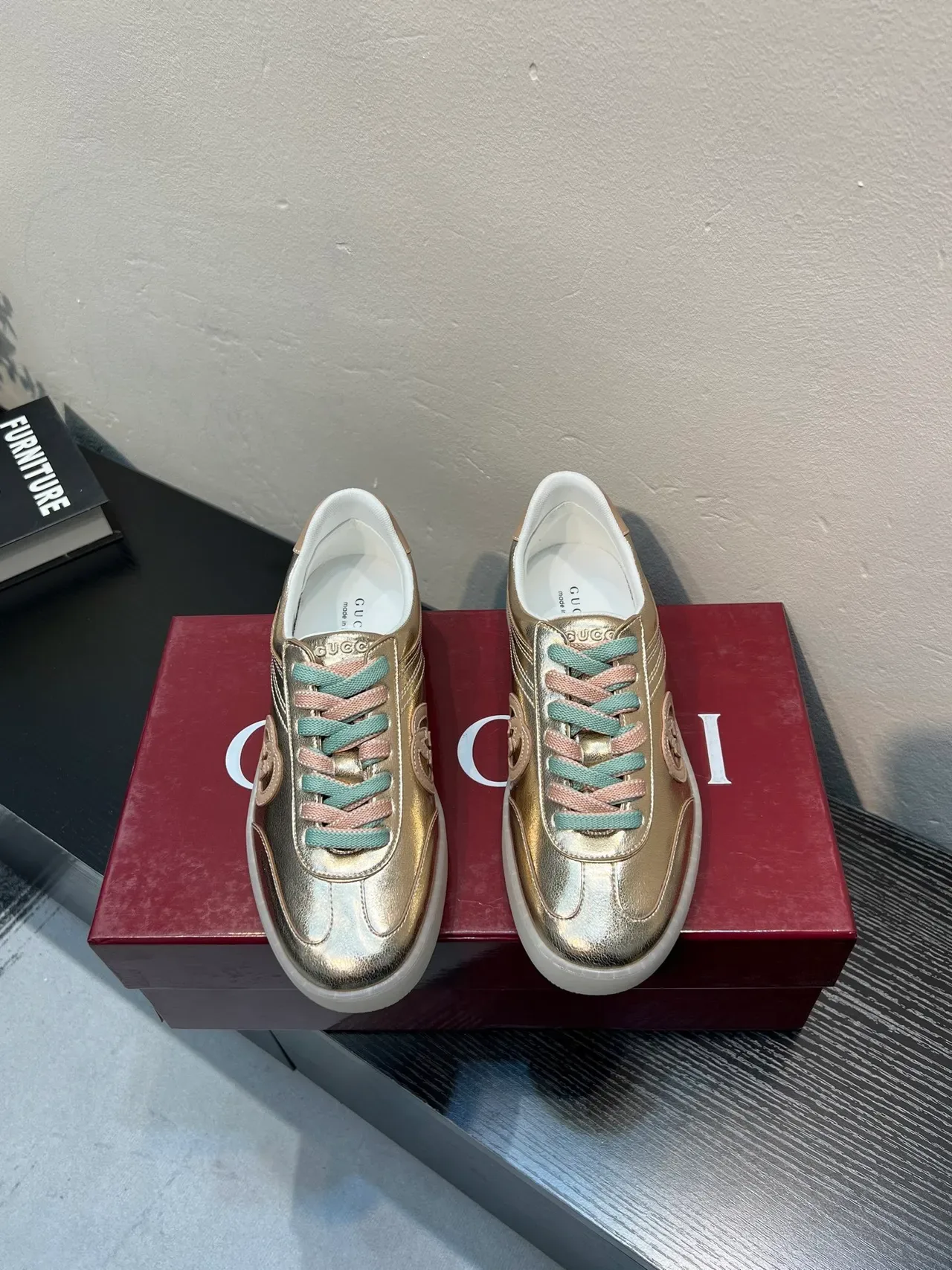 Gucci Gold Multicolor Metallic Leather Interlocking G Patch Lifestyle Sneakers 2
