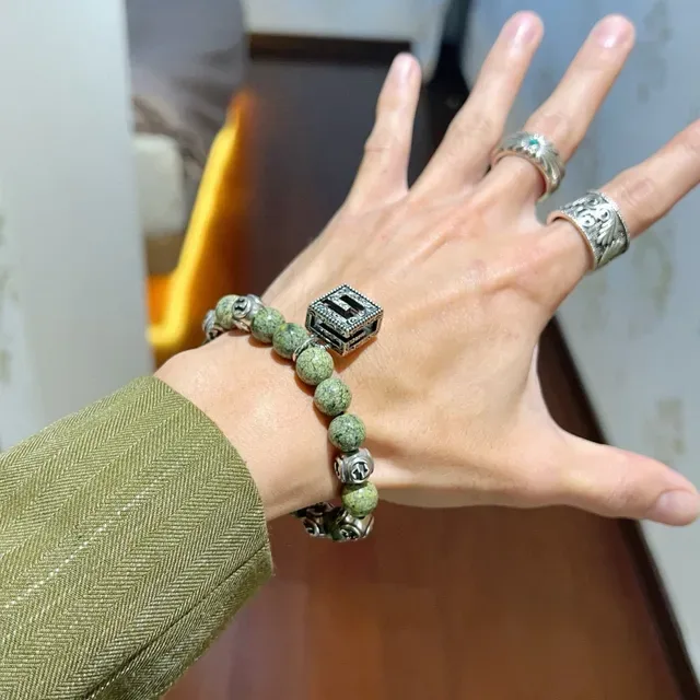 Gucci Green Silver Beaded GG Monogram Charms Bracelet 5