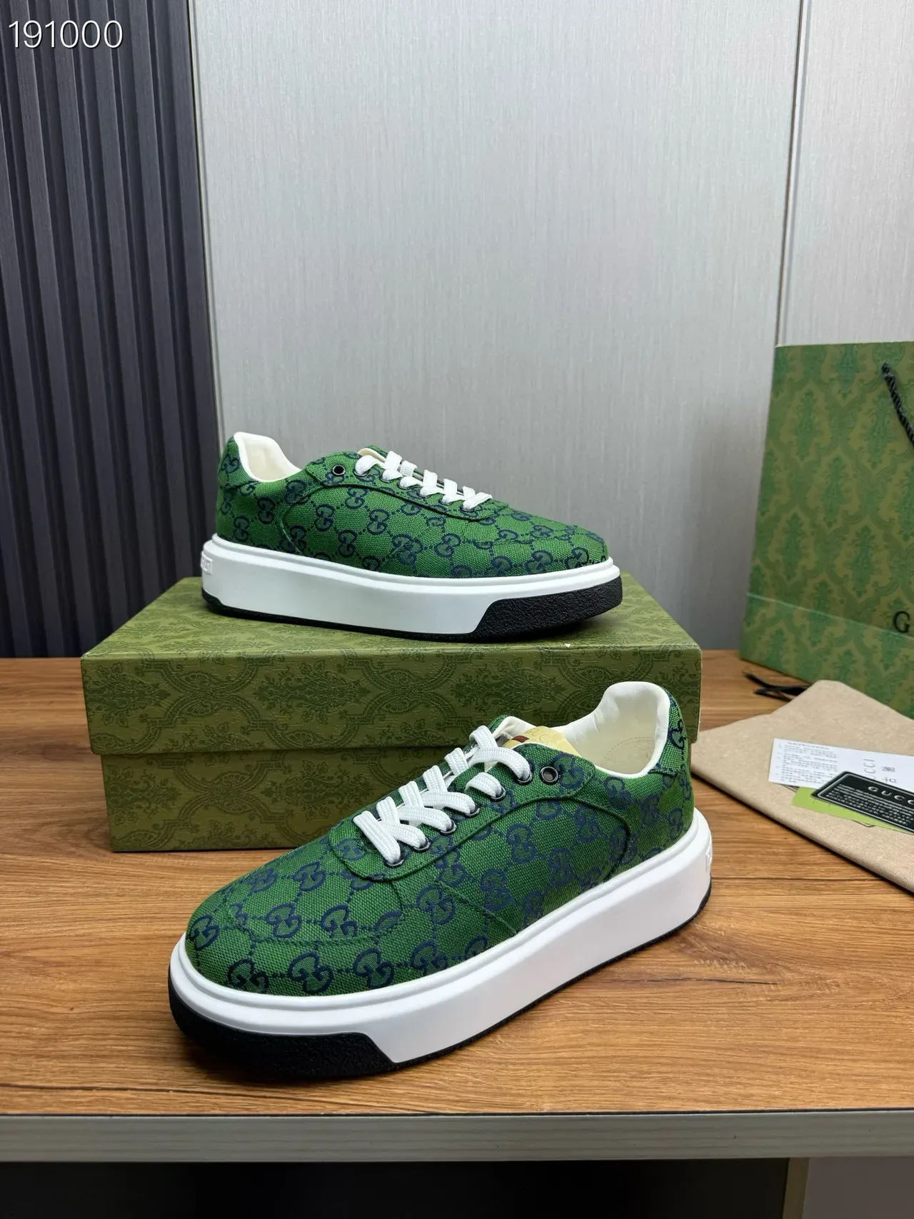 Gucci أخضر أبيض GG Monogram قماش كعب سميك منصة أحذية أسلوب حياة 7