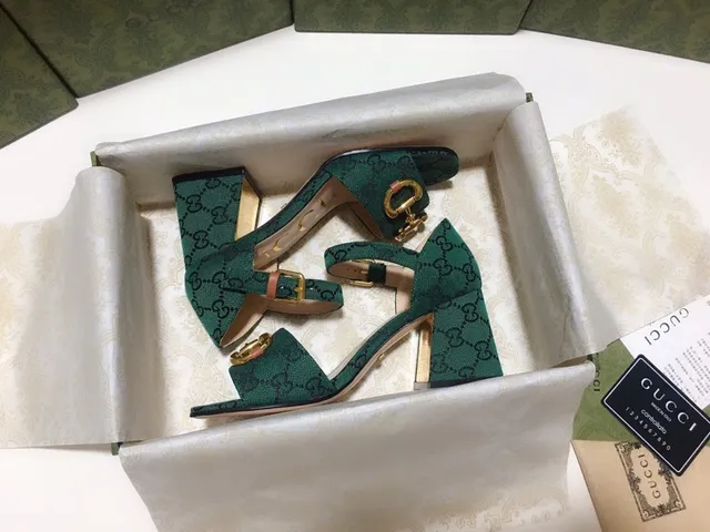 Gucci Horsebit 1955 Verde Dorado GG Monograma Lienzo Hebilla Tacón Bloque 9