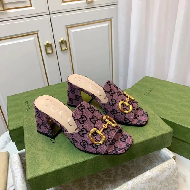 Gucci Horsebit 1955 Purple Gold GG Monogram Canvas Buckle Casual Sandals 4