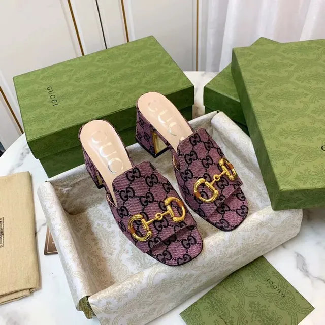 Gucci Horsebit 1955 Purple Gold GG Monogram Canvas Buckle Casual Sandals 5