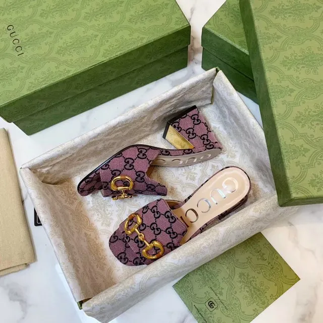 Gucci Horsebit 1955 Purple Gold GG Monogram Canvas Buckle Casual Sandals 6