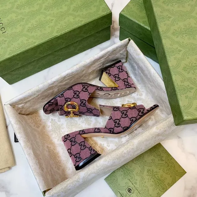 Gucci Horsebit 1955 Purple Gold GG Monogram Canvas Buckle Casual Sandals 7