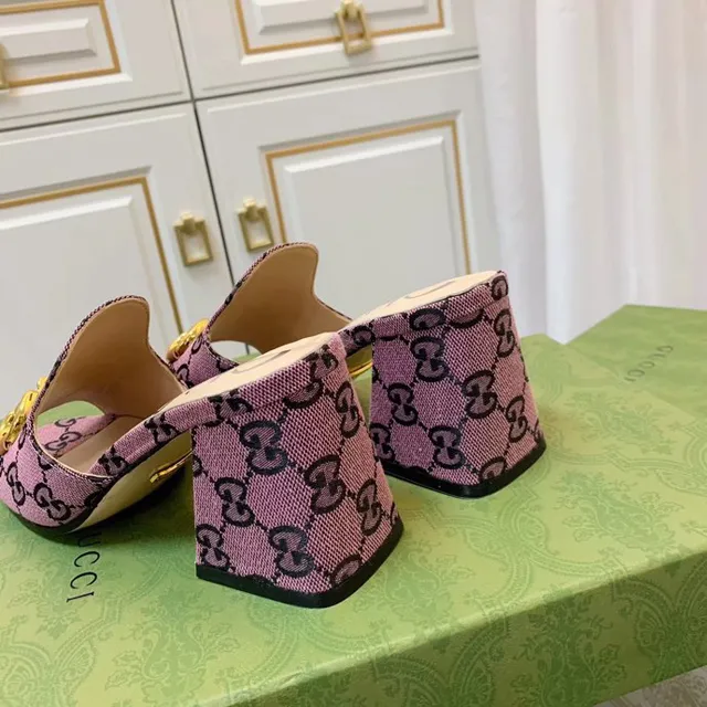 Gucci Horsebit 1955 Purple Gold GG Monogram Canvas Buckle Casual Sandals 8