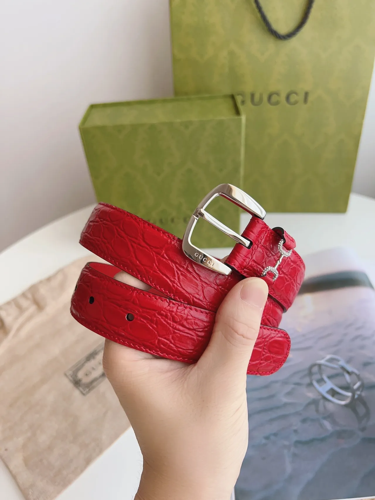 Gucci Horsebit 1955 Red Croc-Embossed Leather Belt 2
