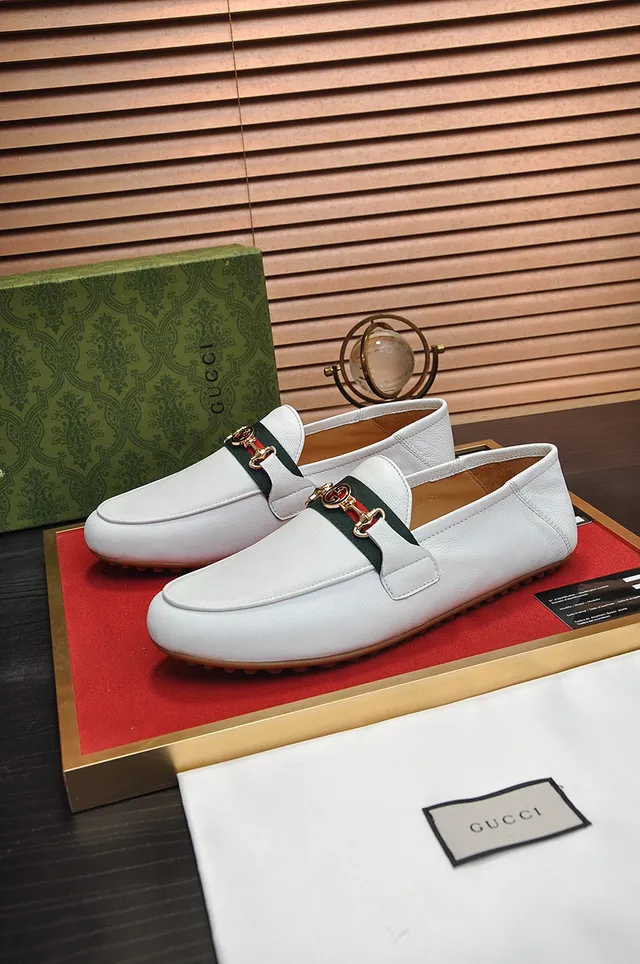 Gucci Horsebit 1955 White Leather Web Stripe Loafers 8