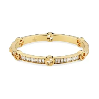 Gucci Interlocking G Baguette Diamond Bangle Gold Transparent Hinged Motifs Bracelet