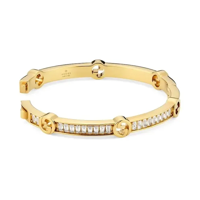 Gucci Interlocking G Baguette Diamond Bangle Gold Transparent Hinged Motifs Bracelet 9