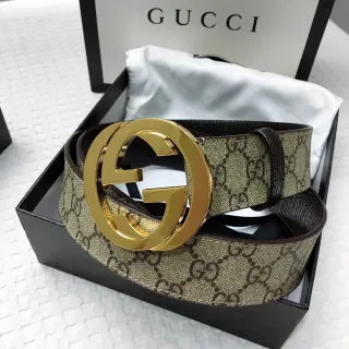 Gucci Interlocking G Correa Beige Marrón Dorado Cinturón de Cuero