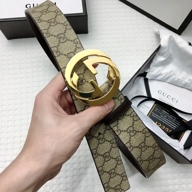 Gucci Interlocking G Correa Beige Marrón Dorado Cinturón de Cuero 2