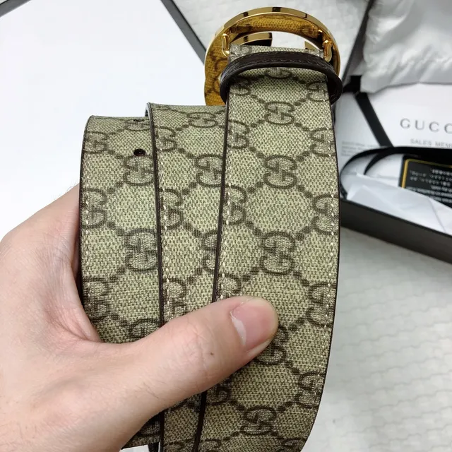 Gucci Interlocking G Correa Beige Marrón Dorado Cinturón de Cuero 3