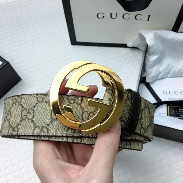 Gucci Interlocking G Correa Beige Marrón Dorado Cinturón de Cuero 4