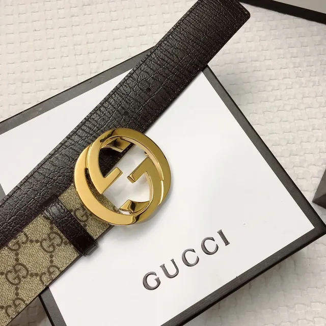 Gucci Interlocking G Correa Beige Marrón Dorado Cinturón de Cuero 5