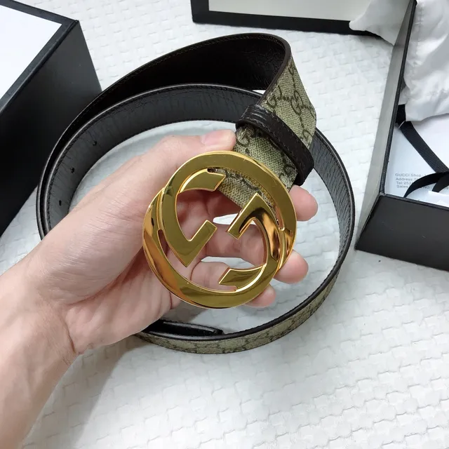 Gucci Interlocking G Correa Beige Marrón Dorado Cinturón de Cuero 6